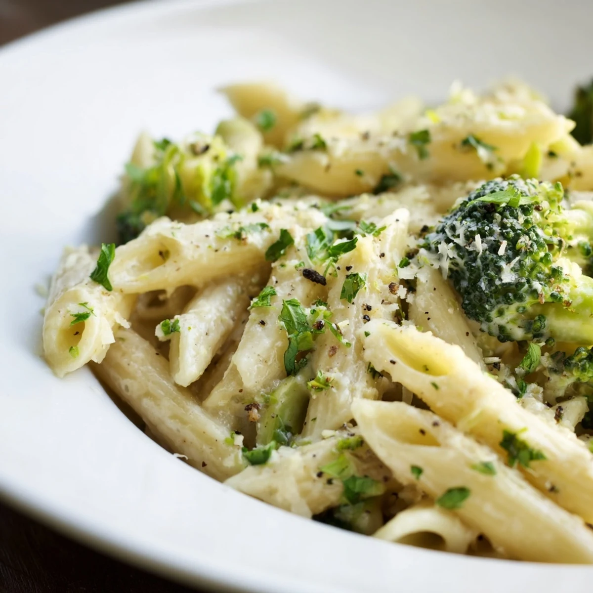 Close-up view of Creamy Broccoli Pasta with sautéed onion and garlic visible, highlighting the luscious texture and freshly cracked black pepper topping.