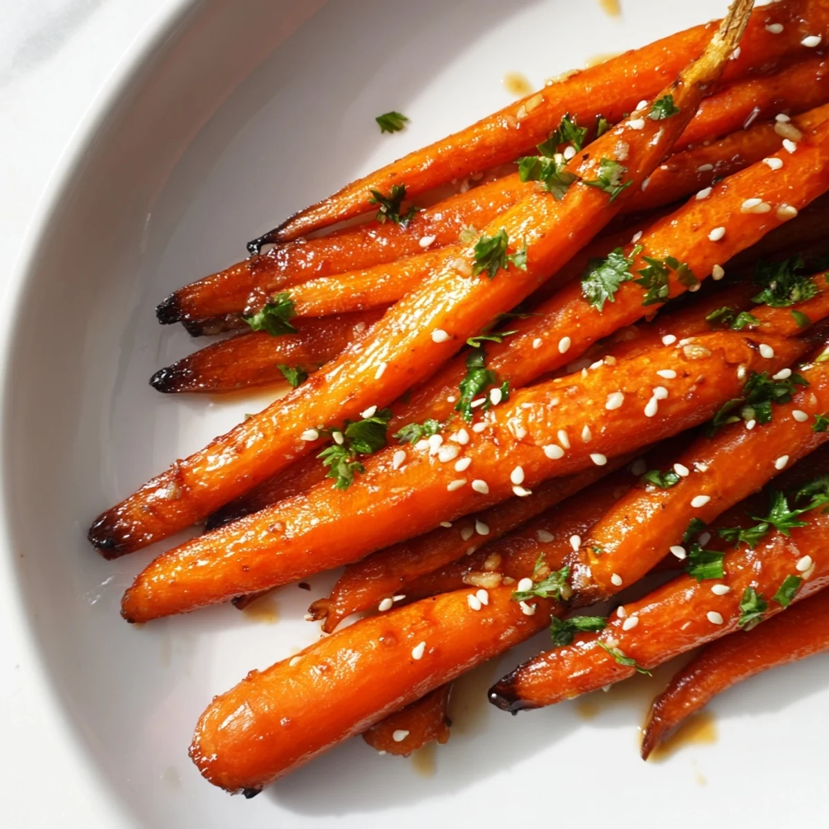 Golden roasted carrots with maple glaze glistening on a white platter, garnished with fresh parsley and sesame seeds.