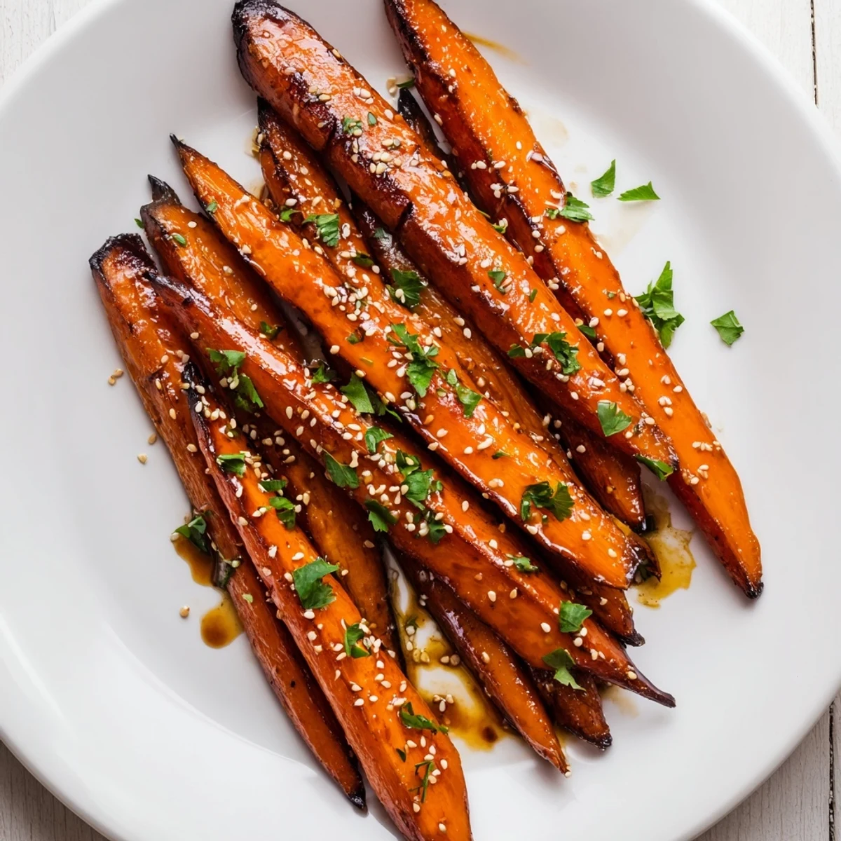 A close-up of Roasted Carrots with Maple, highlighting caramelized edges and a light dusting of fresh herbs.