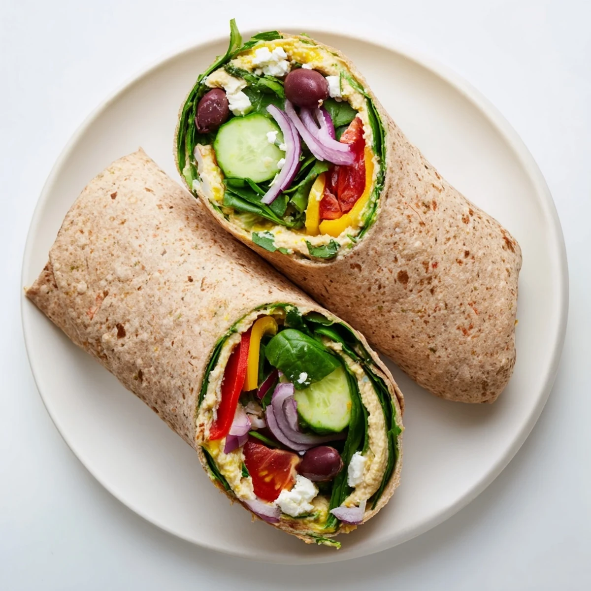 Fresh Mediterranean Wrap halves on a plate, loaded with hummus, feta, spinach, tomatoes, cucumber, and olives.
