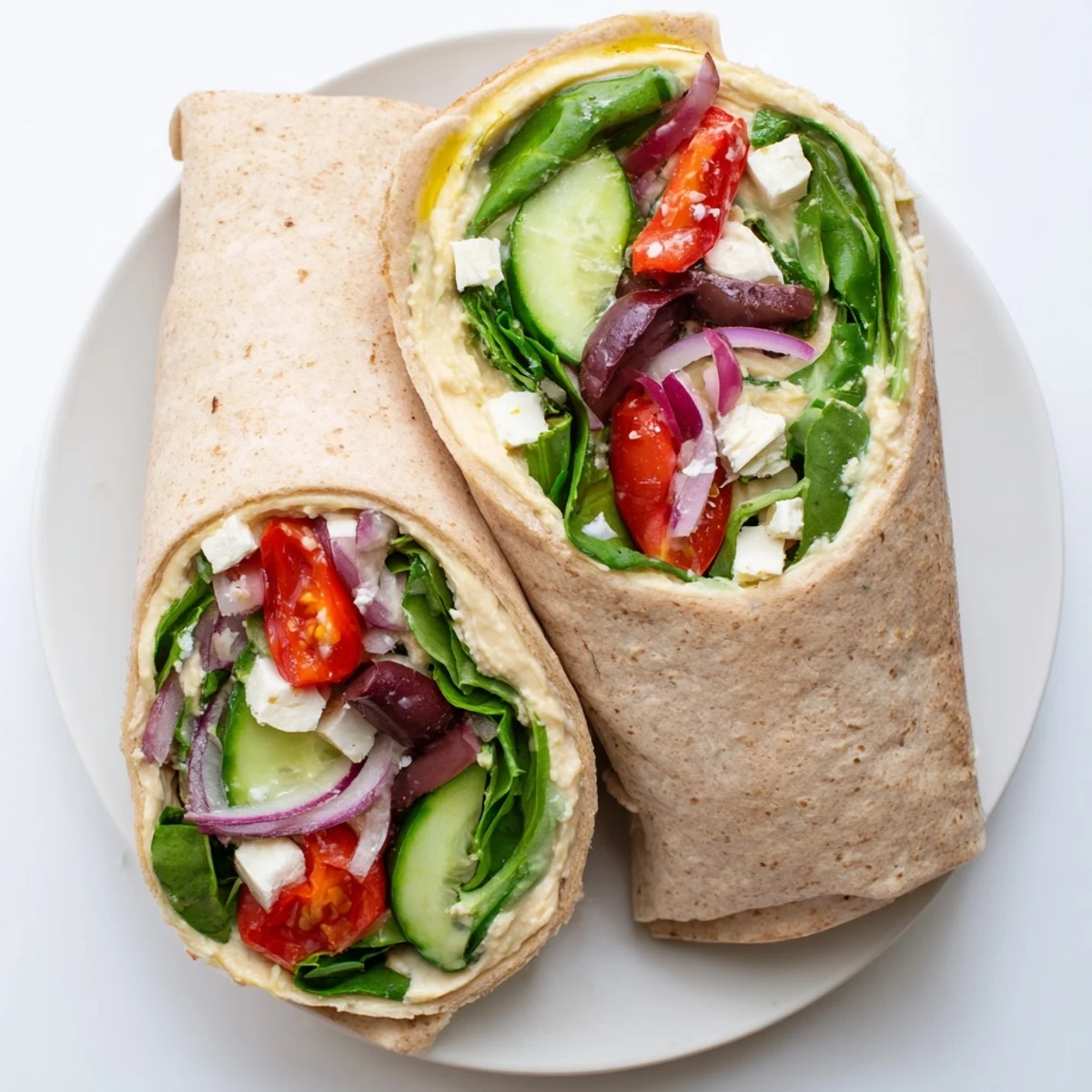 A vibrant Mediterranean Wrap cut in half, showing layers of roasted red peppers, red onion, and creamy hummus.