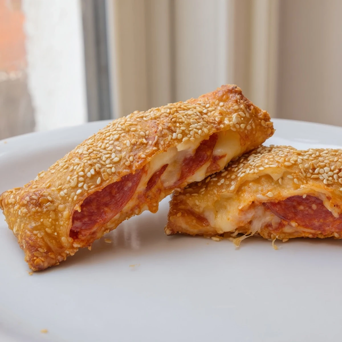 Golden-brown Super Bowl Pizza Rolls on a platter, steam rising from melted cheese and zesty tomato sauce filling.