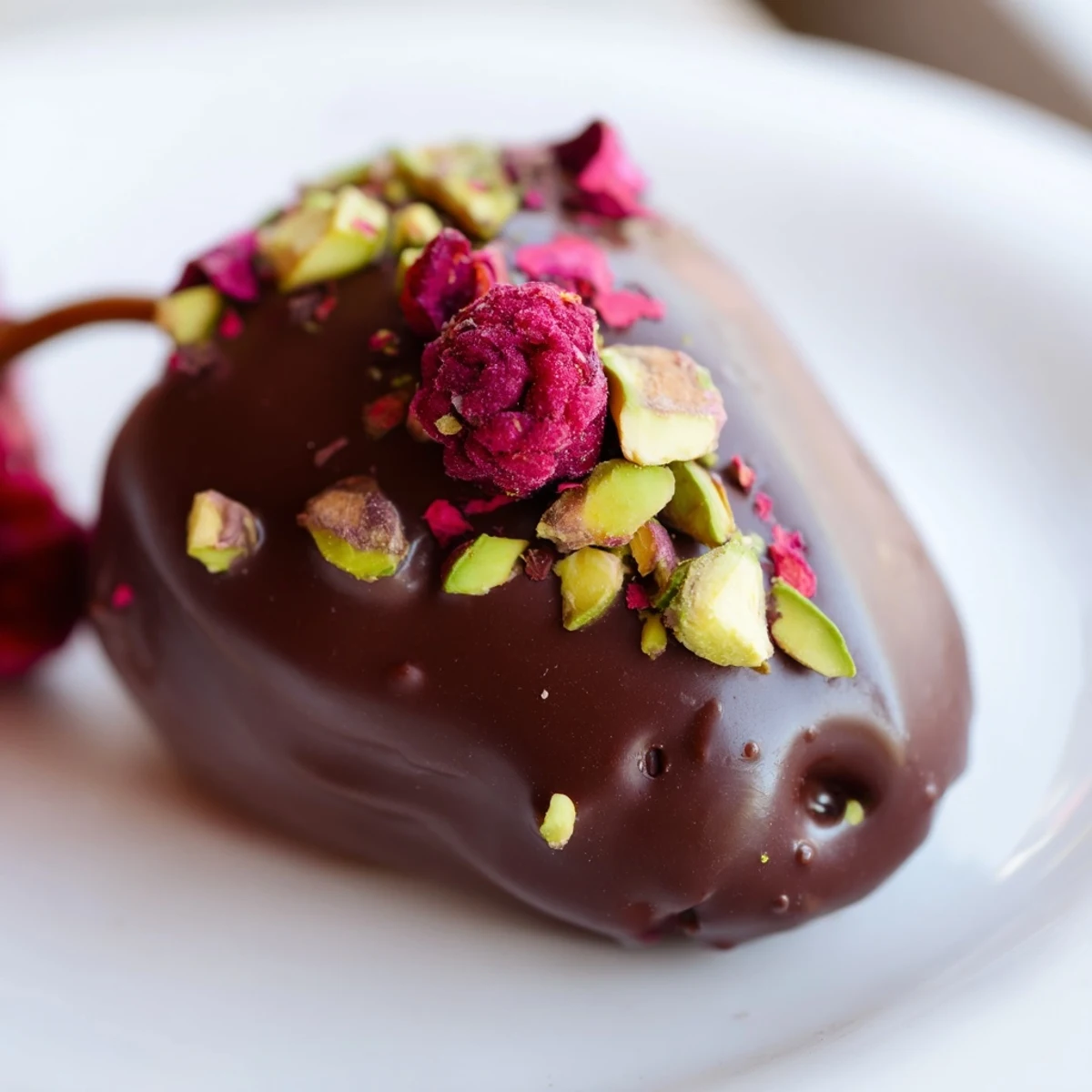 Poached Romantic Chocolate Covered Pears with pistachios on a marble tray, ideal for a date night.