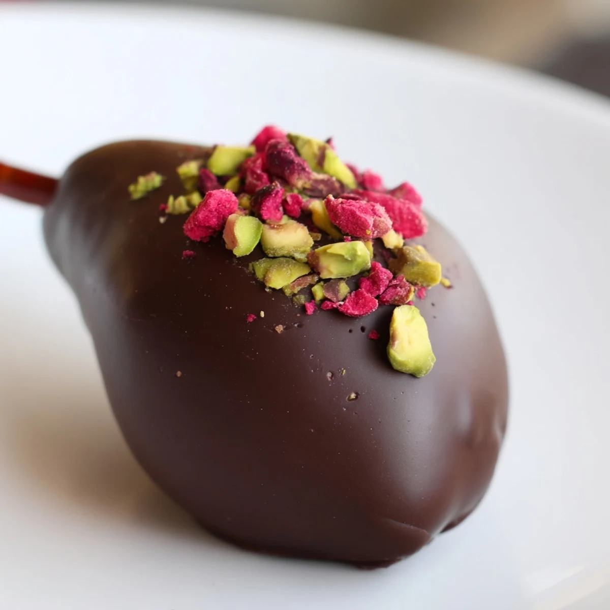 Elegant Romantic Chocolate Covered Pears dusted with edible rose petals, served with a raspberry drizzle.