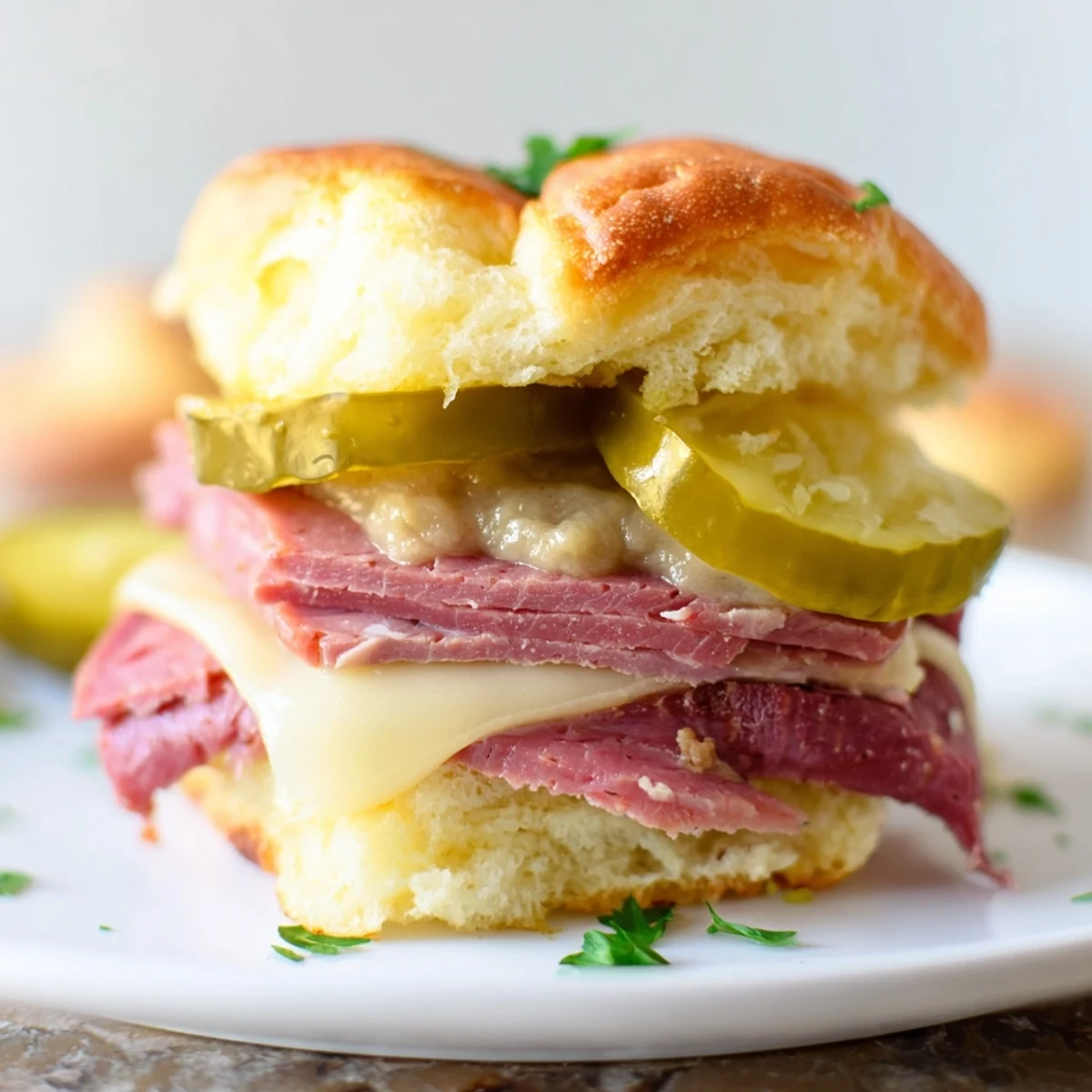 Golden-brown Corned Beef Sliders with melted Swiss cheese and glistening mustard sauce sit on a wooden board, garnished with fresh parsley.