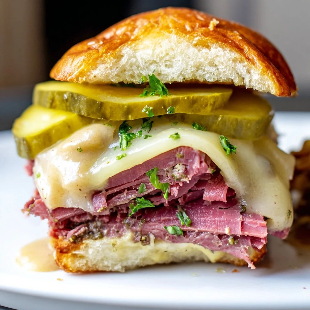 Freshly baked Corned Beef Sliders arranged on a platter, ready for game day, featuring soft buns and a side of extra sauce.