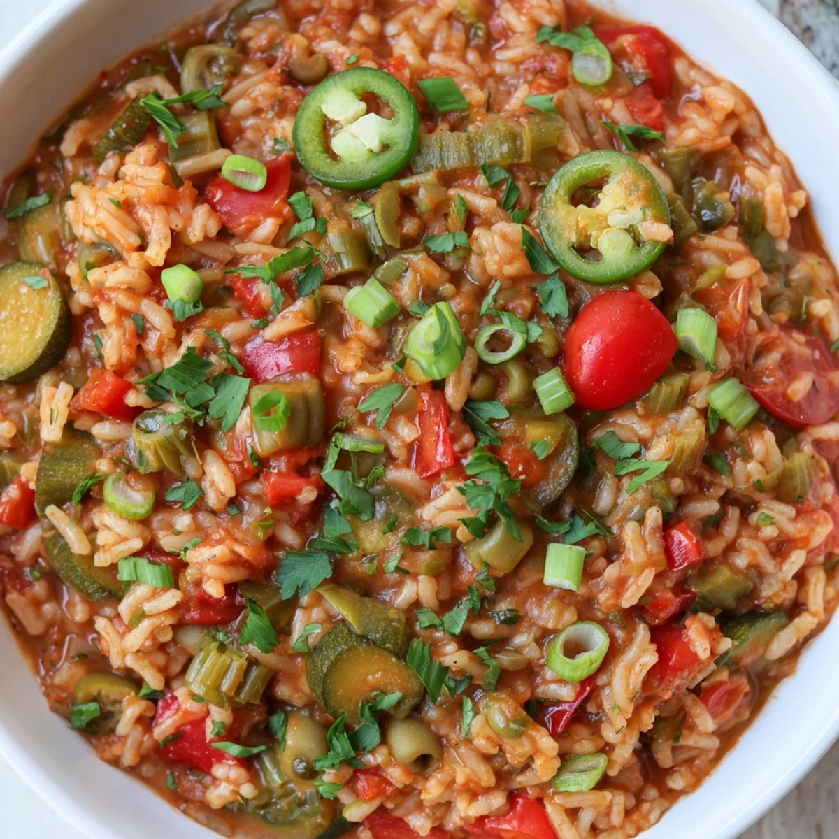 Festive Creole Mardi Gras Veggie Jambalaya served in a bowl, garnished with fresh parsley, green onions, and bright lemon wedges.  