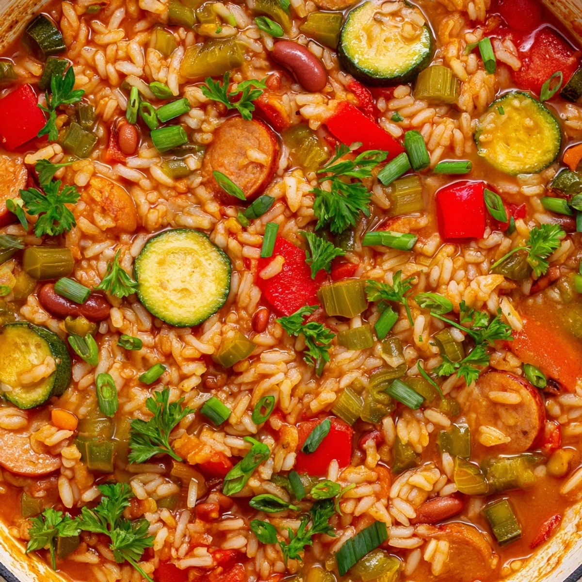Vibrant Mardi Gras Veggie Jambalaya in a skillet, featuring colorful bell peppers, zucchini, and okra nestled in fluffy, spice-infused rice.  