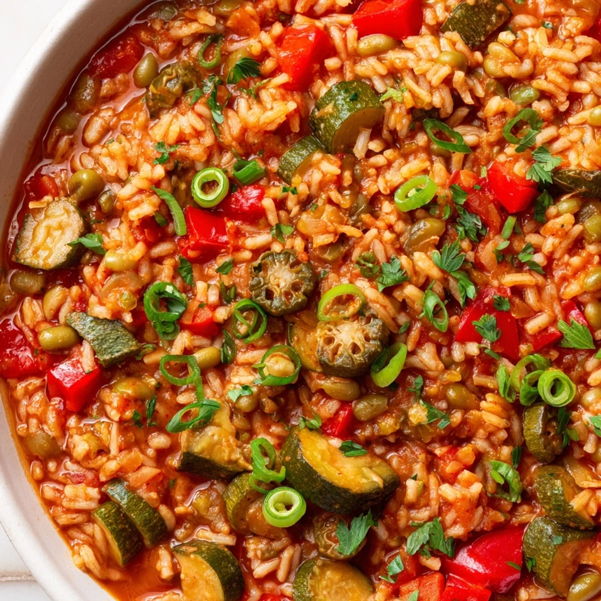 A close-up of steaming Mardi Gras Veggie Jambalaya, highlighting tender vegetables and kidney beans in a rich, tomato-based broth.