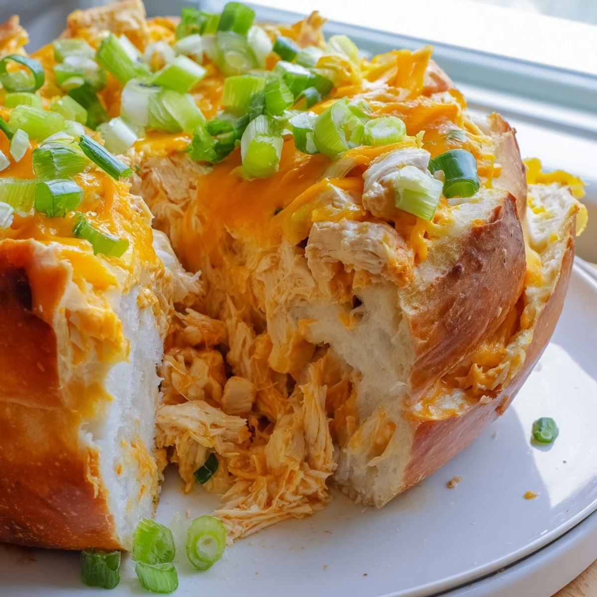 Golden-brown Tailgate Buffalo Chicken Dip Stuffed Bread, filled with creamy, spicy chicken dip and melty cheese on a game day platter.