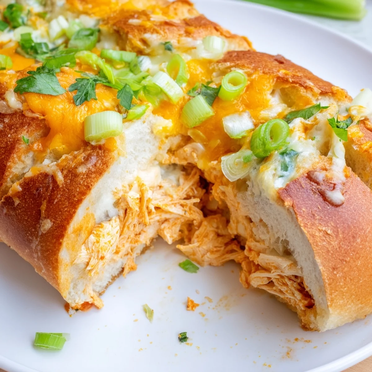 Sliced Tailgate Buffalo Chicken Dip Stuffed Bread served warm, revealing cheesy buffalo chicken filling, perfect for party appetizers and gatherings.
