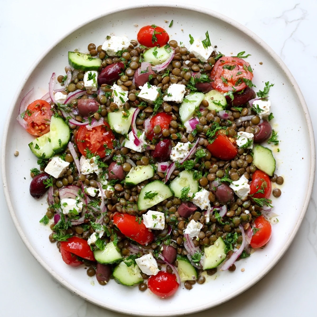 A close-up of Mediterranean Lentil Salad with crumbled feta, fresh parsley, and colorful vegetables on a white plate.
