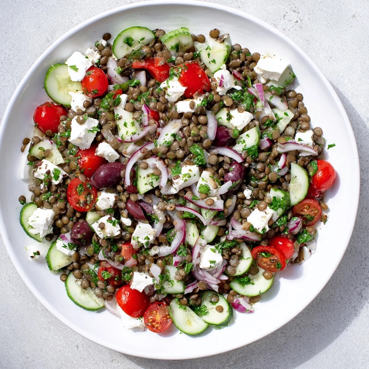 Mediterranean Lentil Salad with Feta Cheese served in a rustic bowl beside grilled chicken and a chilled glass of rosé.
