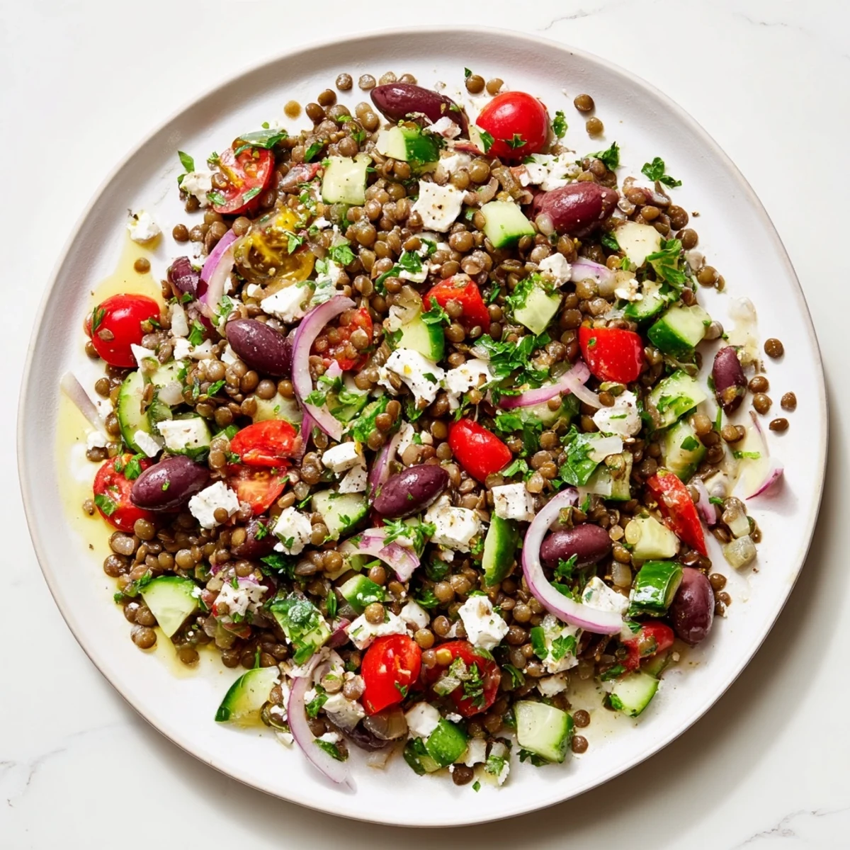 Vibrant Mediterranean Lentil Salad with Feta Cheese topped with Kalamata olives, cherry tomatoes, and a drizzle of zesty lemon dressing.