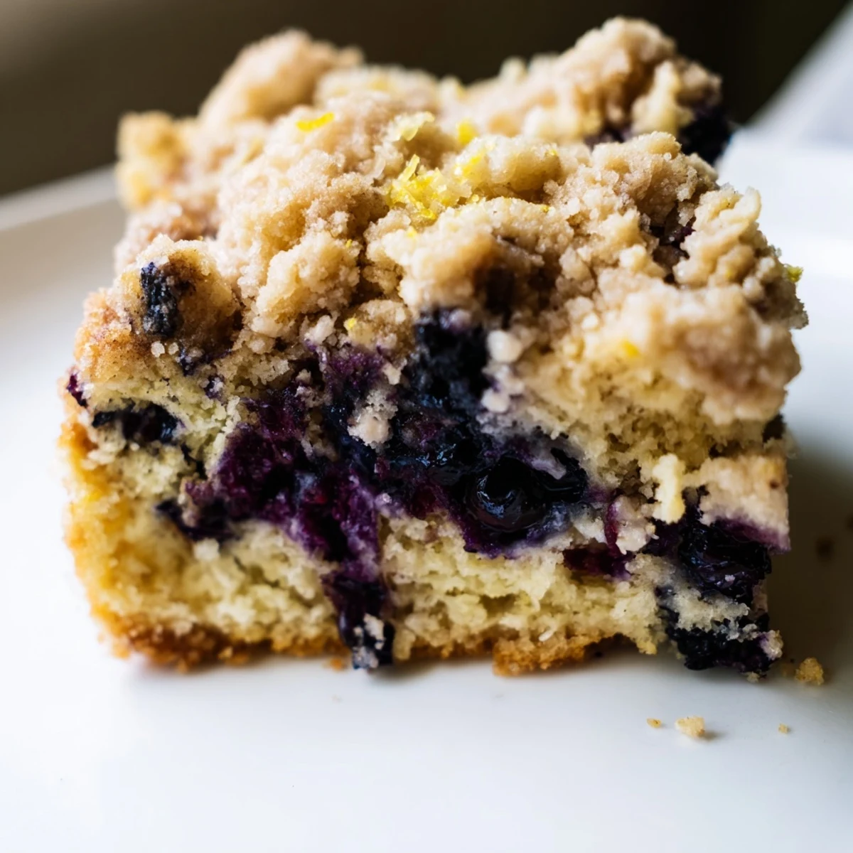 A slice of warm Lemon Blueberry Coffee Cake with Crumble reveals moist crumb and juicy berries, topped with golden streusel.  