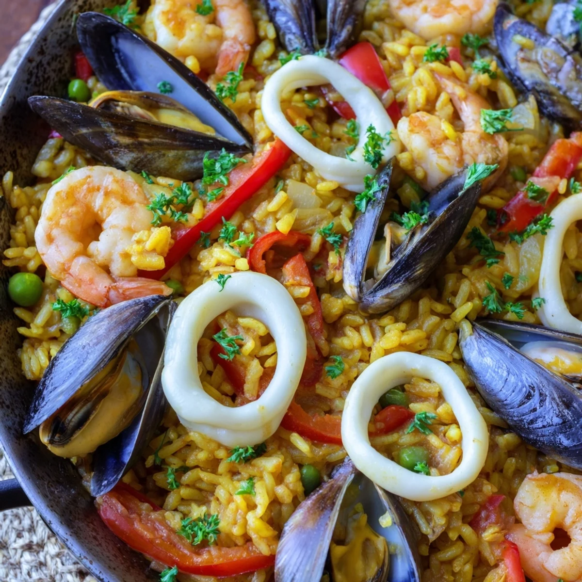 Steaming Romantic Seafood Paella with Saffron, featuring plump shrimp, mussels, and peas in a golden rice bed.