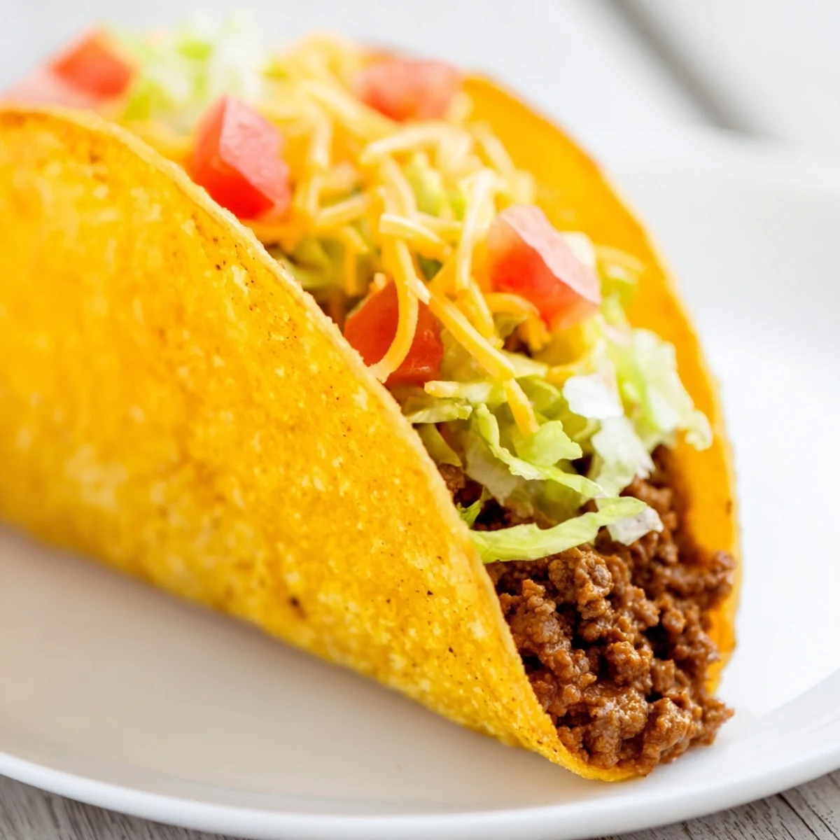 Crispy hard beef tacos topped with melted cheese, shredded lettuce, and fresh cilantro on a rustic plate.