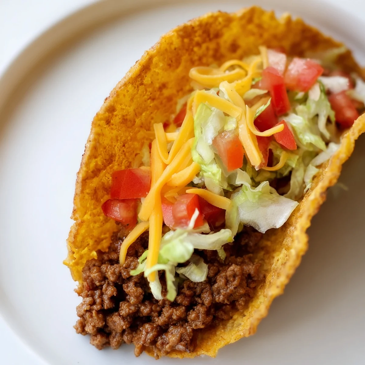 Golden hard taco shells filled with savory seasoned ground beef, cheddar cheese, and vibrant colorful toppings.
