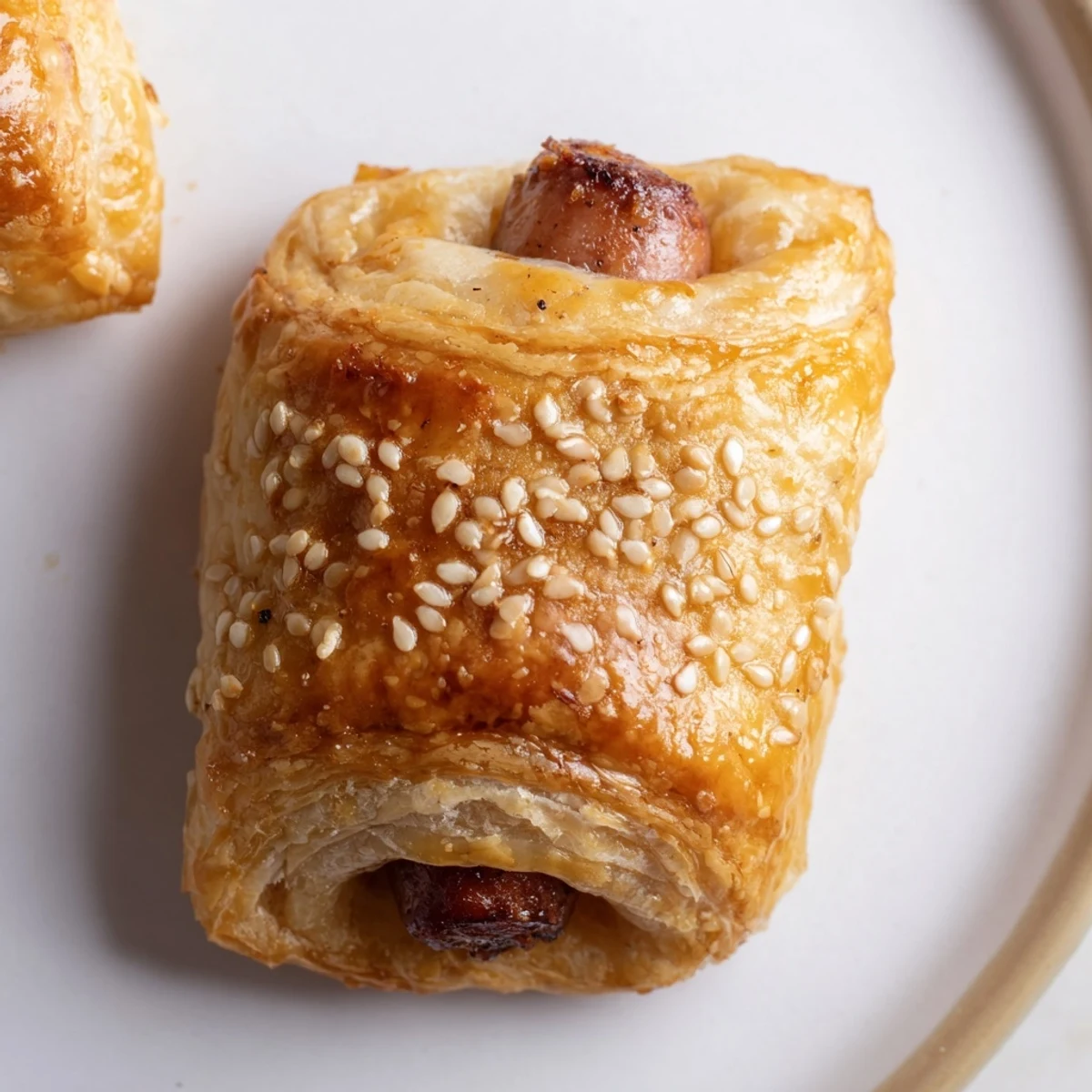 Golden, flaky Game Day Pigs in a Blanket made with halal beef sausage and sprinkled with sesame seeds on a baking sheet.