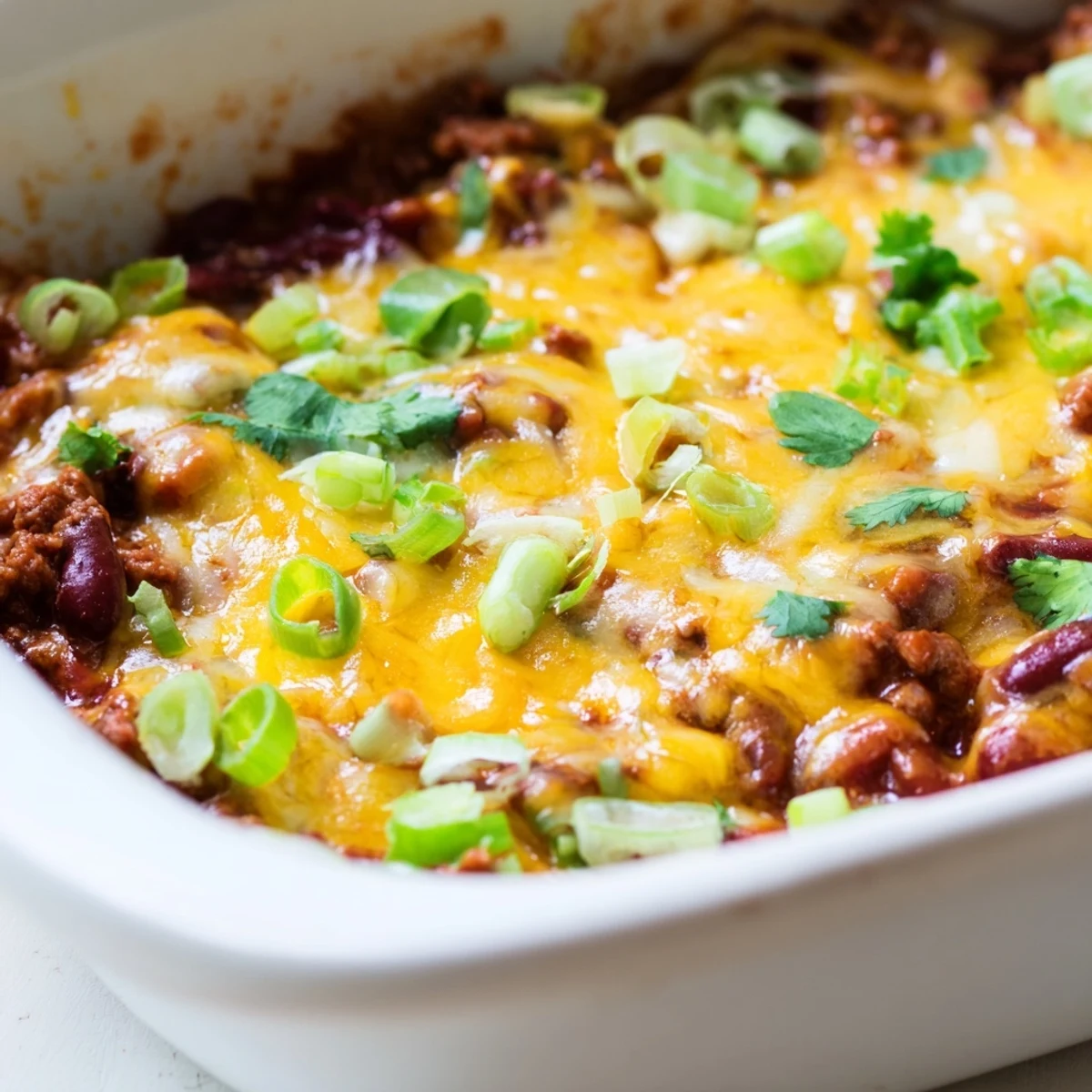 Bubbling Super Bowl Chili Cheese Dip in a skillet, topped with green onions and jalapeños, served with tortilla chips.  