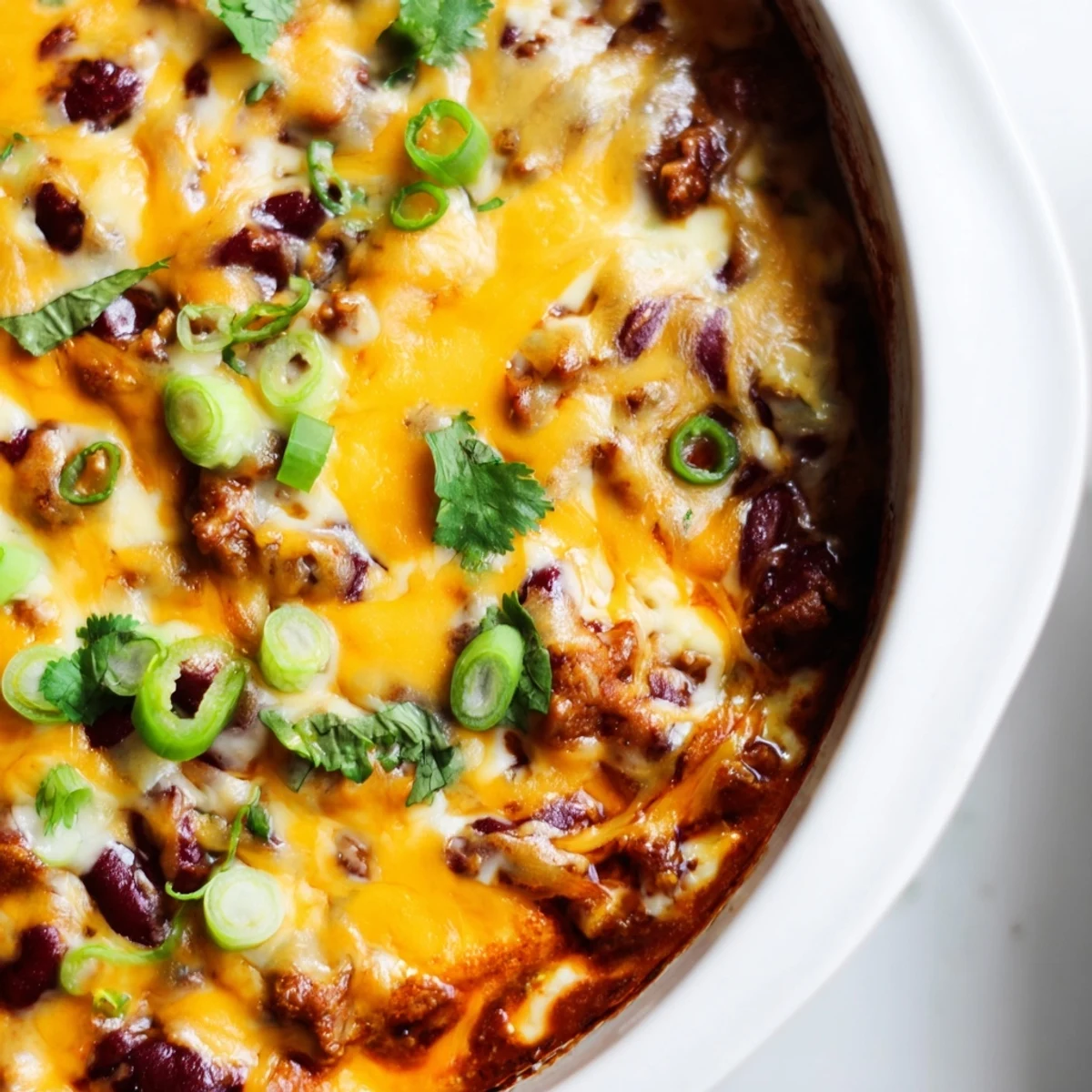 Homemade Super Bowl Chili Cheese Dip with creamy cheese layers, spicy chili, and cilantro garnish for game day snacking.