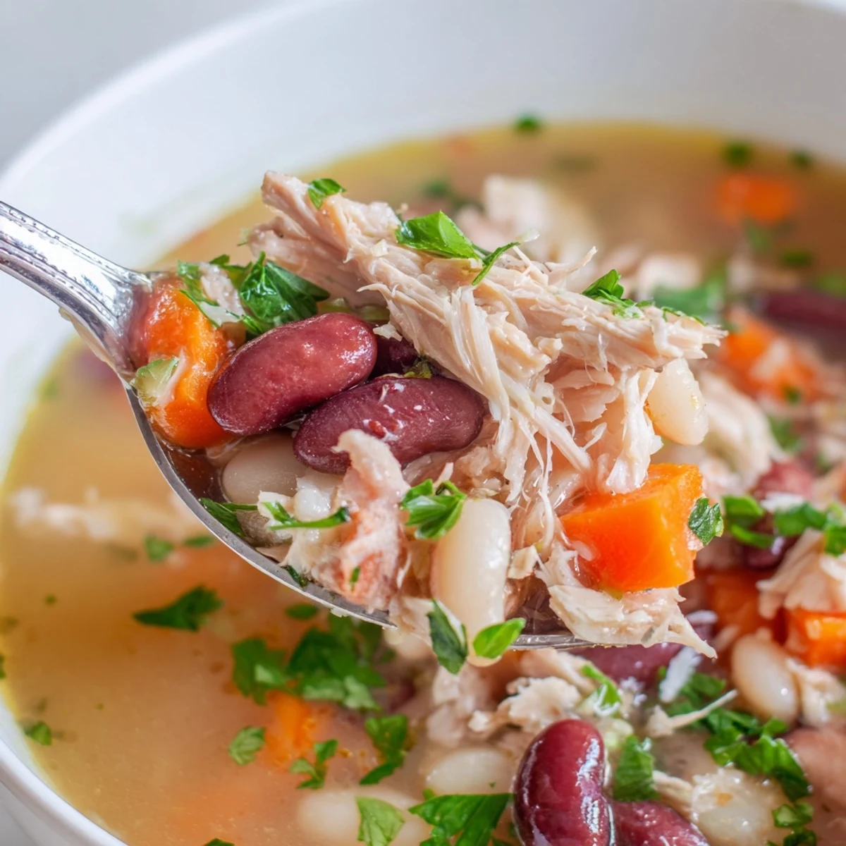 A warm bowl of Creole Bean Soup with Turkey garnished with fresh parsley, featuring tender turkey and creamy beans in a rich broth.  
