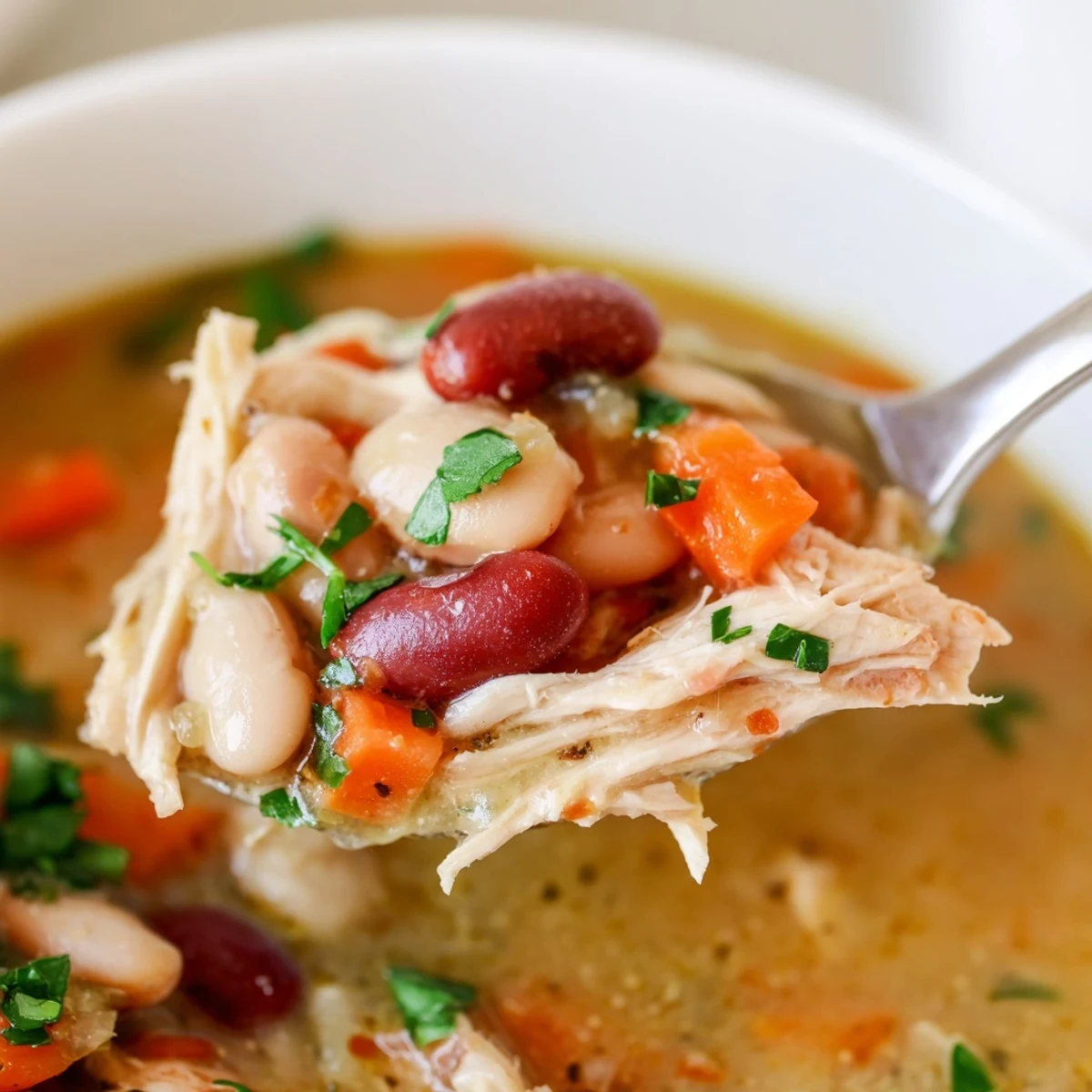 Hearty Creole Bean Soup with Turkey simmering in a pot, filled with diced vegetables and aromatic spices for a comforting Southern meal.  