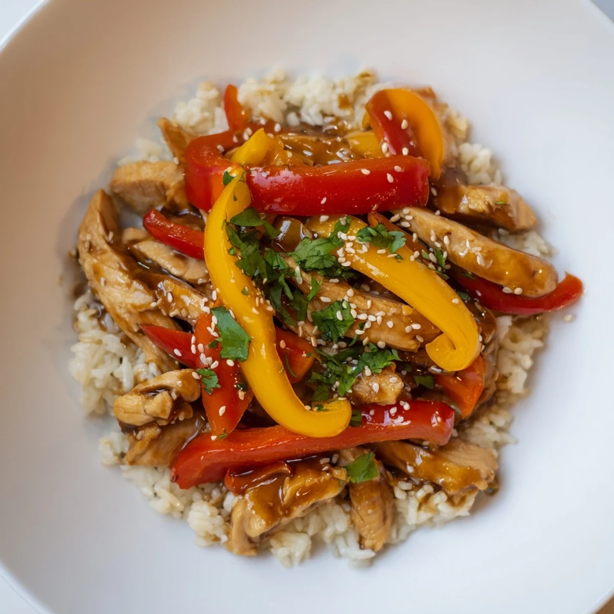 A vibrant Chicken Veggie Stir Fry with Rice piled high on a white plate, featuring tender chicken, colorful peppers, and crisp broccoli florets.