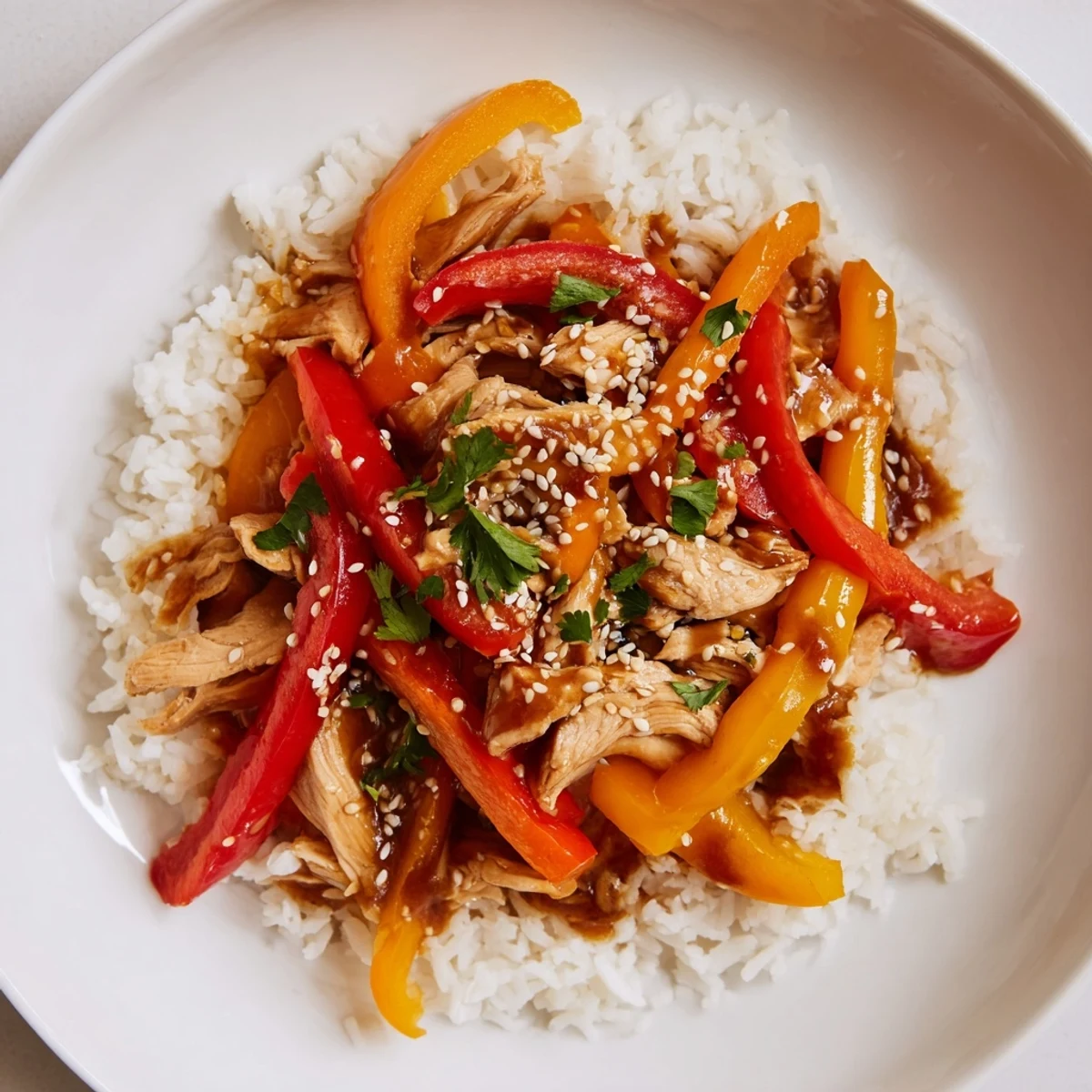 Close up shot of a savory Chicken Veggie Stir Fry with Rice, highlighting juicy chicken strips and perfectly cooked snap peas.