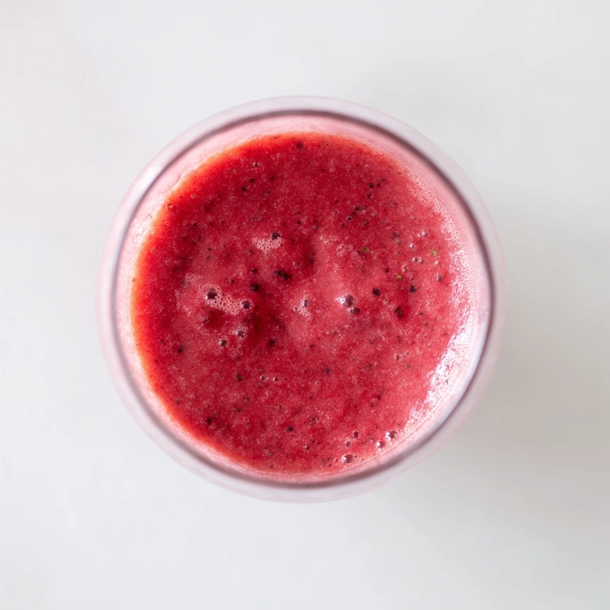 A vibrant Valentine Red Berry Smoothie in a glass, creamy and pink, garnished with fresh berries and mint for a romantic breakfast treat.