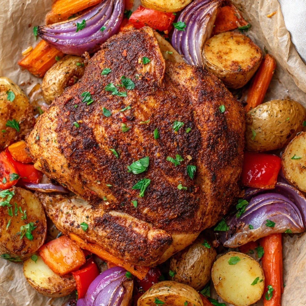 Golden roasted chicken thighs sit atop tender potatoes and colorful vegetables in a one-pan Roasted Meal Pan Dinner, garnished with fresh parsley and lemon wedges.