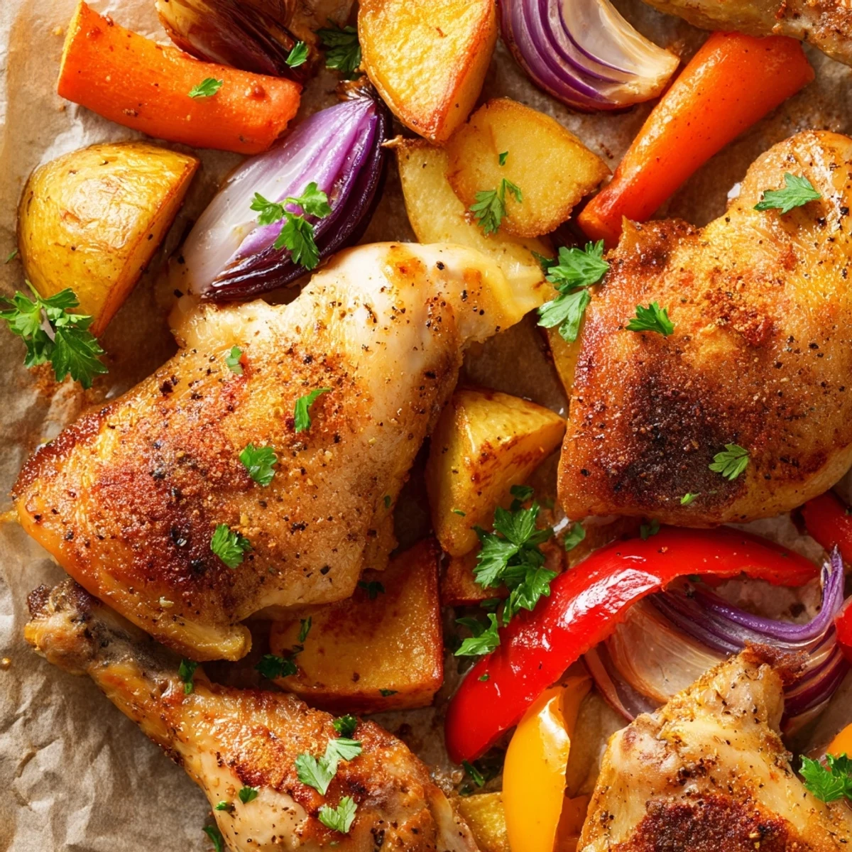 Sizzling Roasted Meal Pan Dinner fresh from the oven, featuring juicy chicken thighs, caramelized onions, and vibrant peppers on a parchment-lined baking sheet.