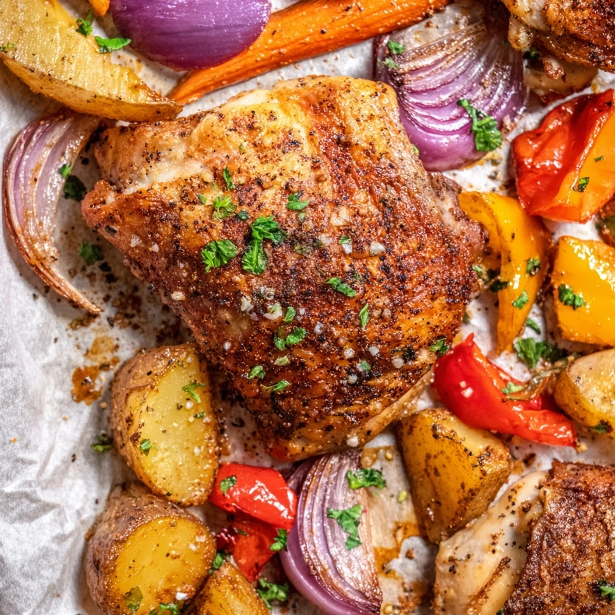 A close-up of crispy-skinned chicken with roasted red bell peppers, carrots, and Yukon Gold potatoes from this easy Roasted Meal Pan Dinner.