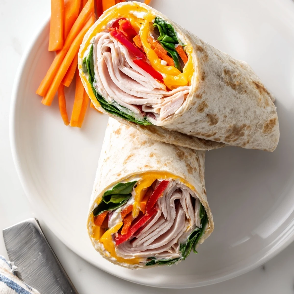 Colorful Turkey Snack Wrap Roll sliced in half on a wooden board, revealing layers of spinach, shredded carrots, and red bell pepper.