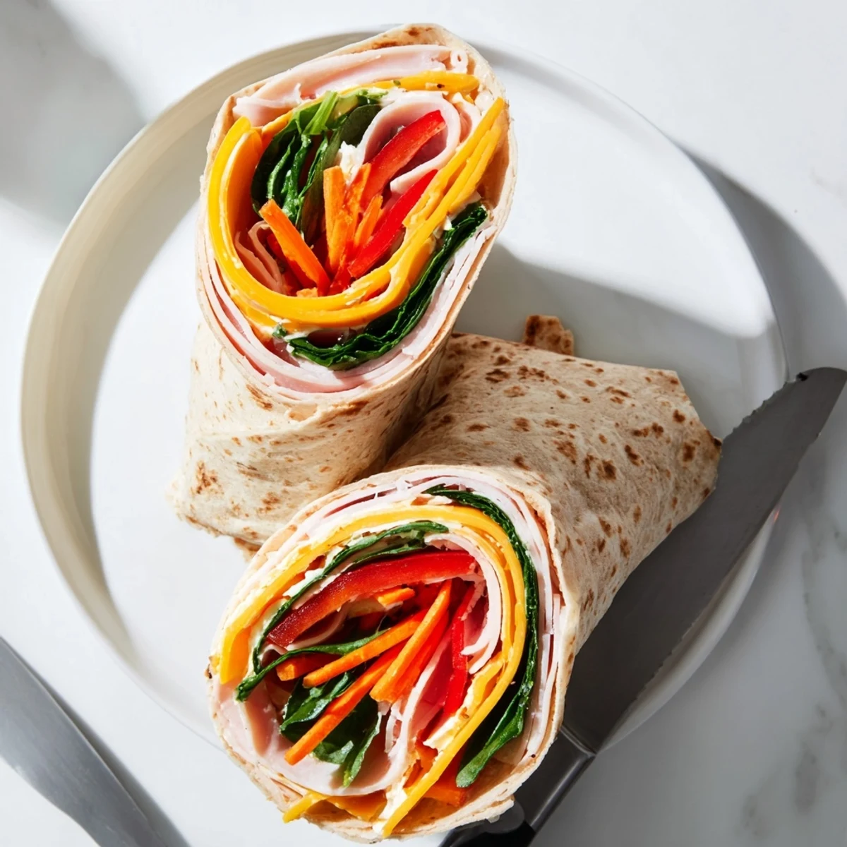 Soft flour tortilla wrapped with deli turkey and cheddar, served with a creamy spread for a satisfying midday bite.