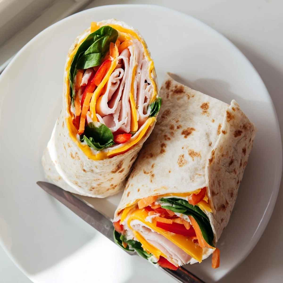 Platter of two Turkey Snack Wrap Rolls with a side of fresh veggies, ready for an easy lunch or light snack.
