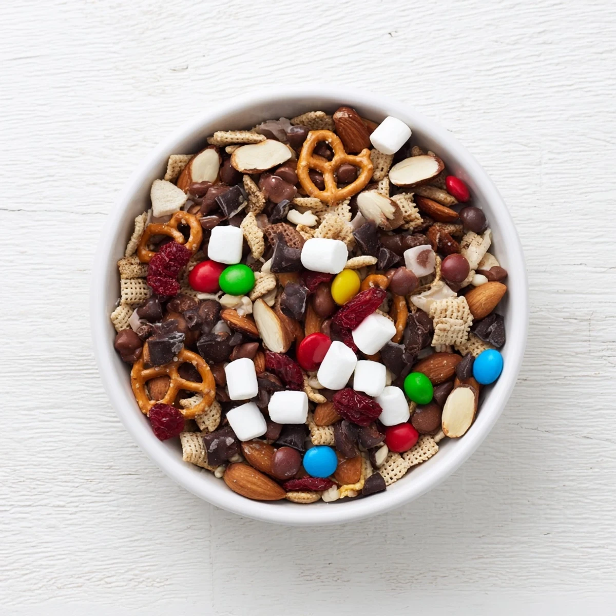 A bowl of sweet chocolate snack mix with pretzels, peanuts, and colorful candy-coated chocolates on a marble countertop.  