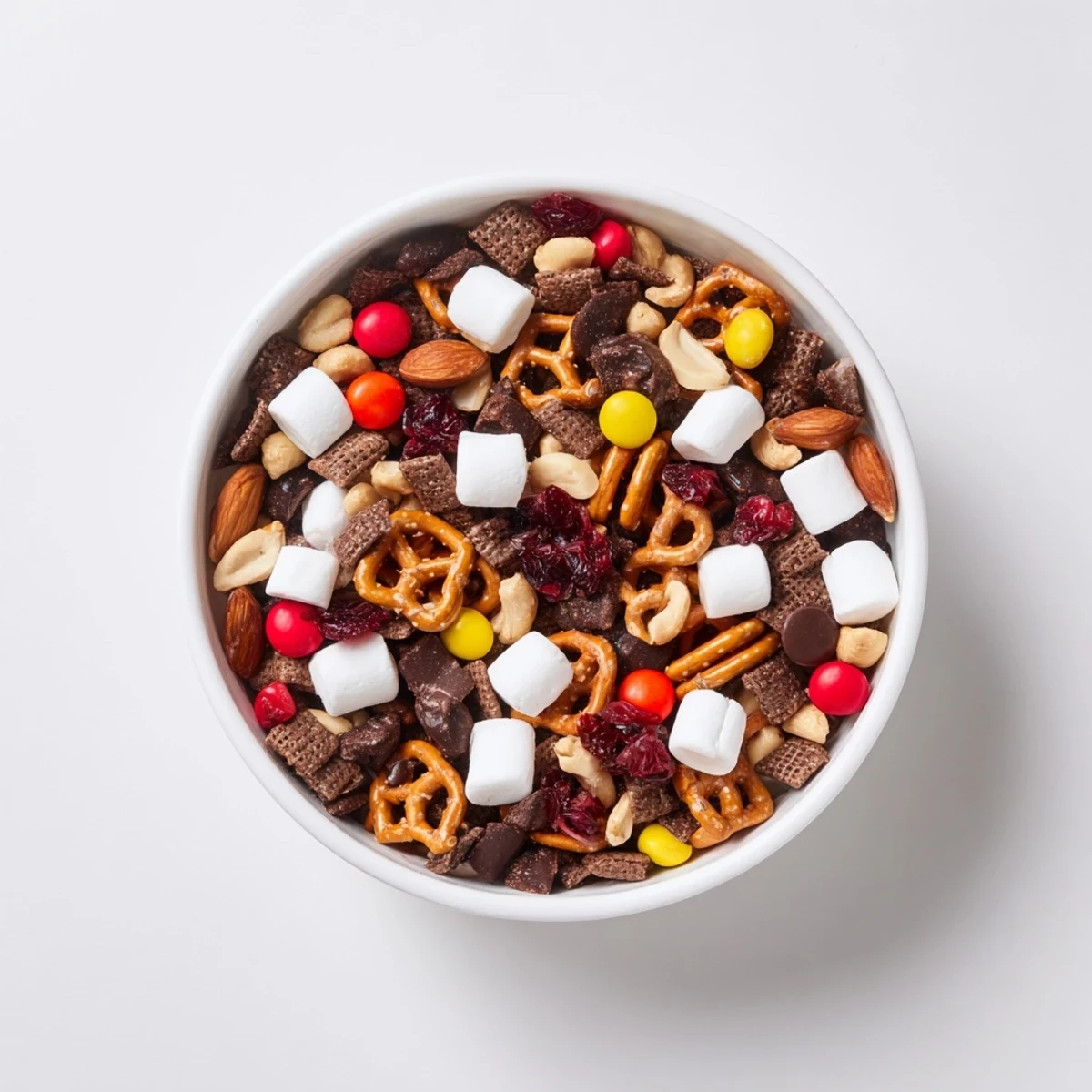 Sweet chocolate snack mix with almonds, cranberries, and mini marshmallows, perfect for a party snack table.  