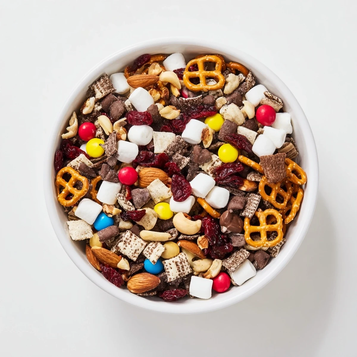 Sweet chocolate snack mix in a white bowl, featuring crunchy rice cereal squares, peanuts, and chocolate chips.