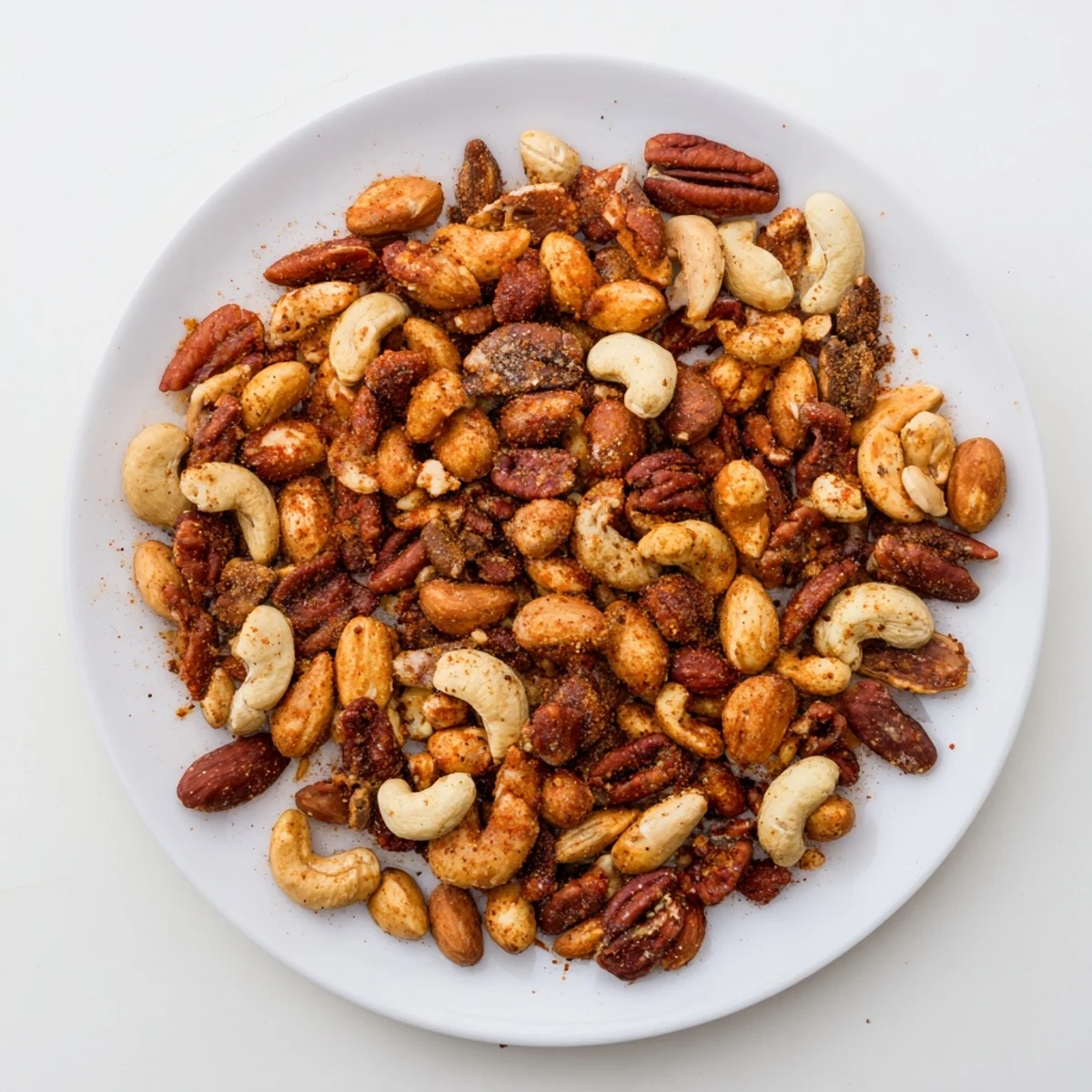 Golden toasted almonds, cashews, and pecans glisten with a smoky paprika and cayenne glaze on a rustic board.