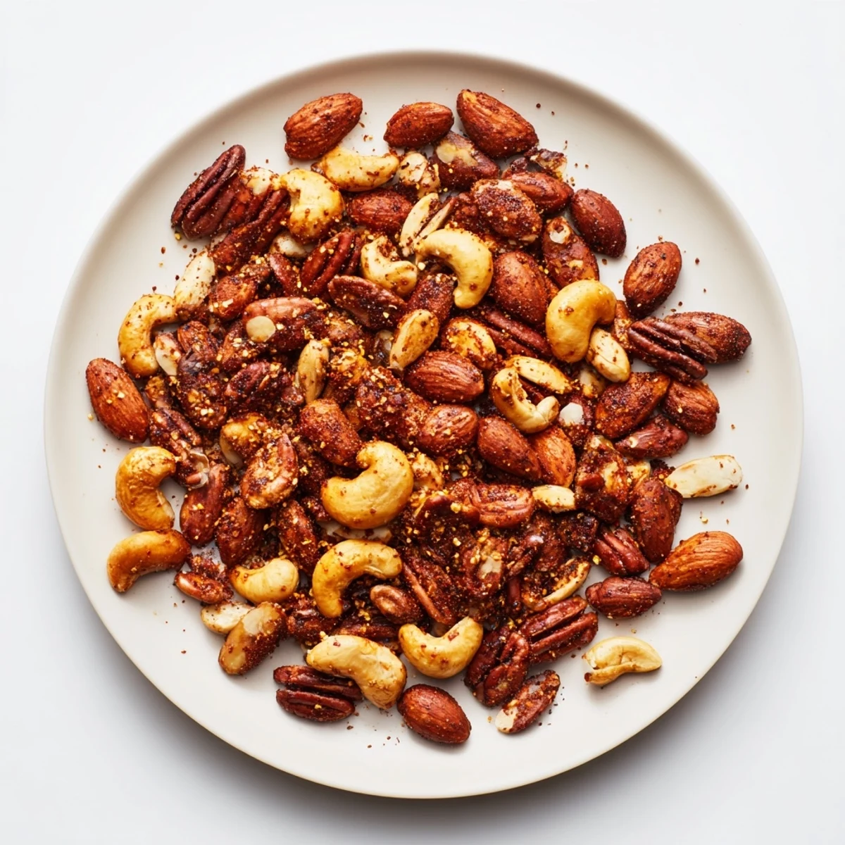 Cooling roasted Spicy Snack Nuts Mix fills the tray, with flecks of sea salt and chili coating every nut.