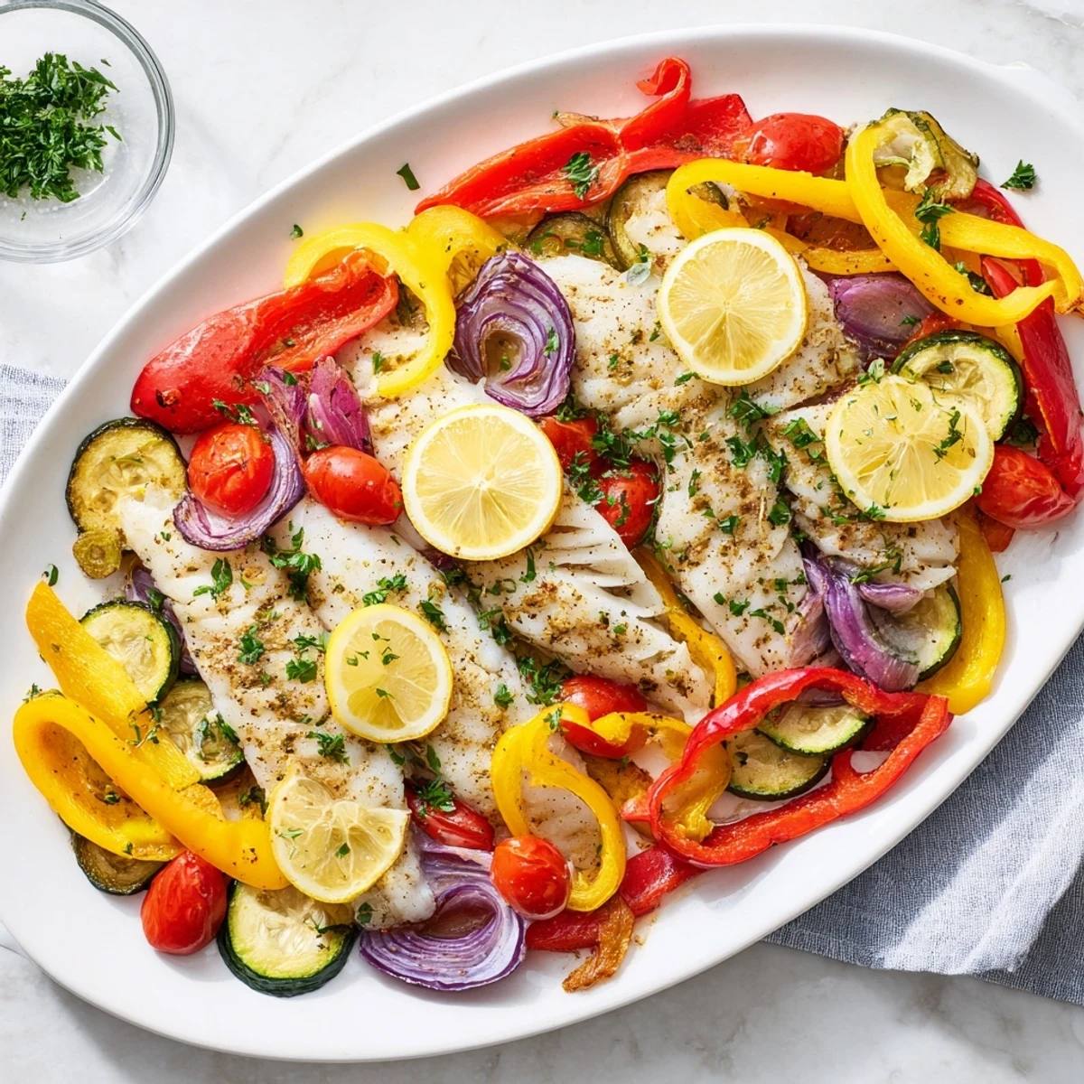 Golden-brown baked cod fillets rest on a platter of roasted red peppers and zucchini, garnished with fresh parsley and lemon wedges. 