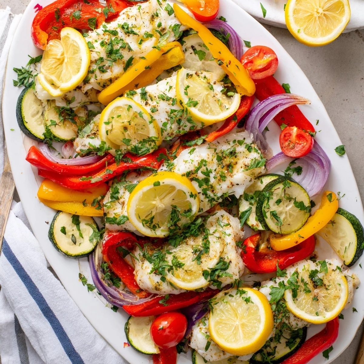 A close-up view of tender Mediterranean-style baked cod, seasoned with oregano and thyme beside vibrant roasted vegetables. 