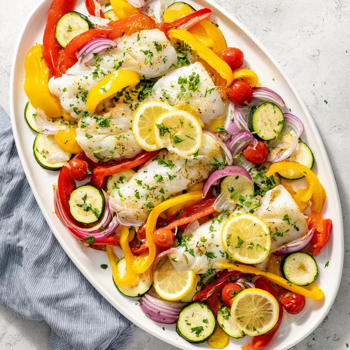 Serve this healthy, gluten-free baked cod dish hot from the oven, featuring flaky fish and caramelized cherry tomatoes.