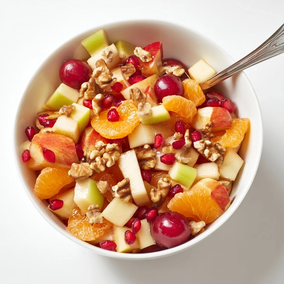 The Winter Snack Fruit Mix in a white bowl, with segments of clementine, halved red grapes, and bright pomegranate seeds, perfect for a healthy seasonal snack.  