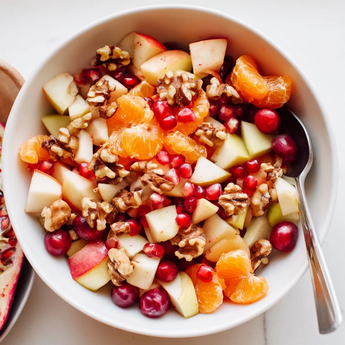 A close-up of the vibrant Winter Snack Fruit Mix, featuring diced apples and pears glistening with orange juice, cinnamon, and honey, sprinkled with walnuts.  