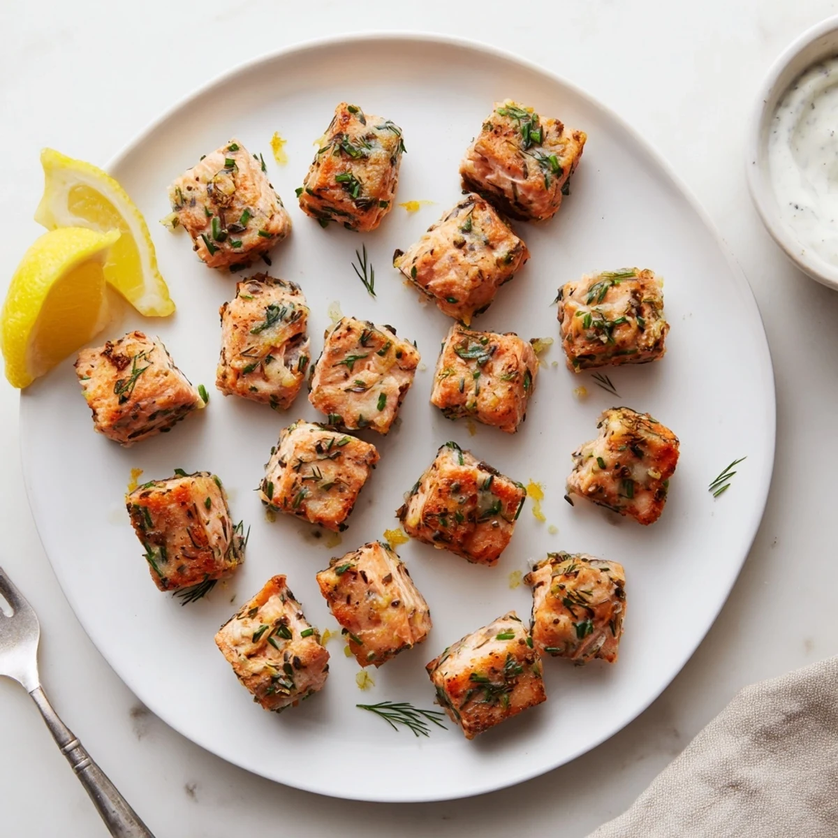 Golden Baked Salmon Snack Bites with herbs, served with lemon wedges–a perfect appetizer.