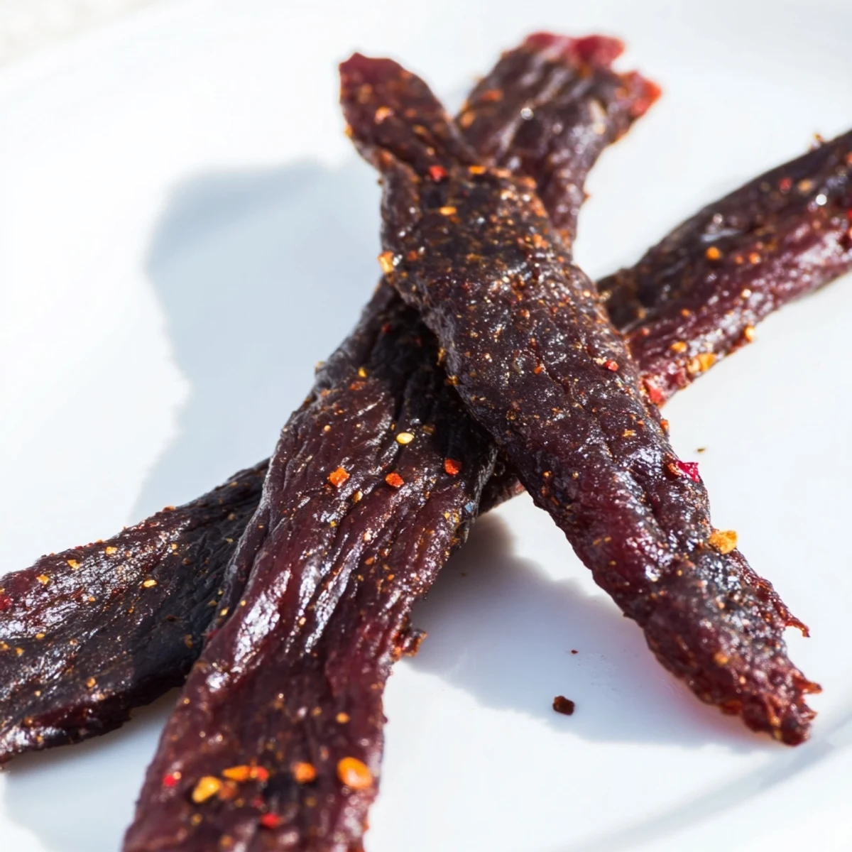 Close-up view of richly flavored beef snack stick jerky, ready to eat and packed with savory spices.