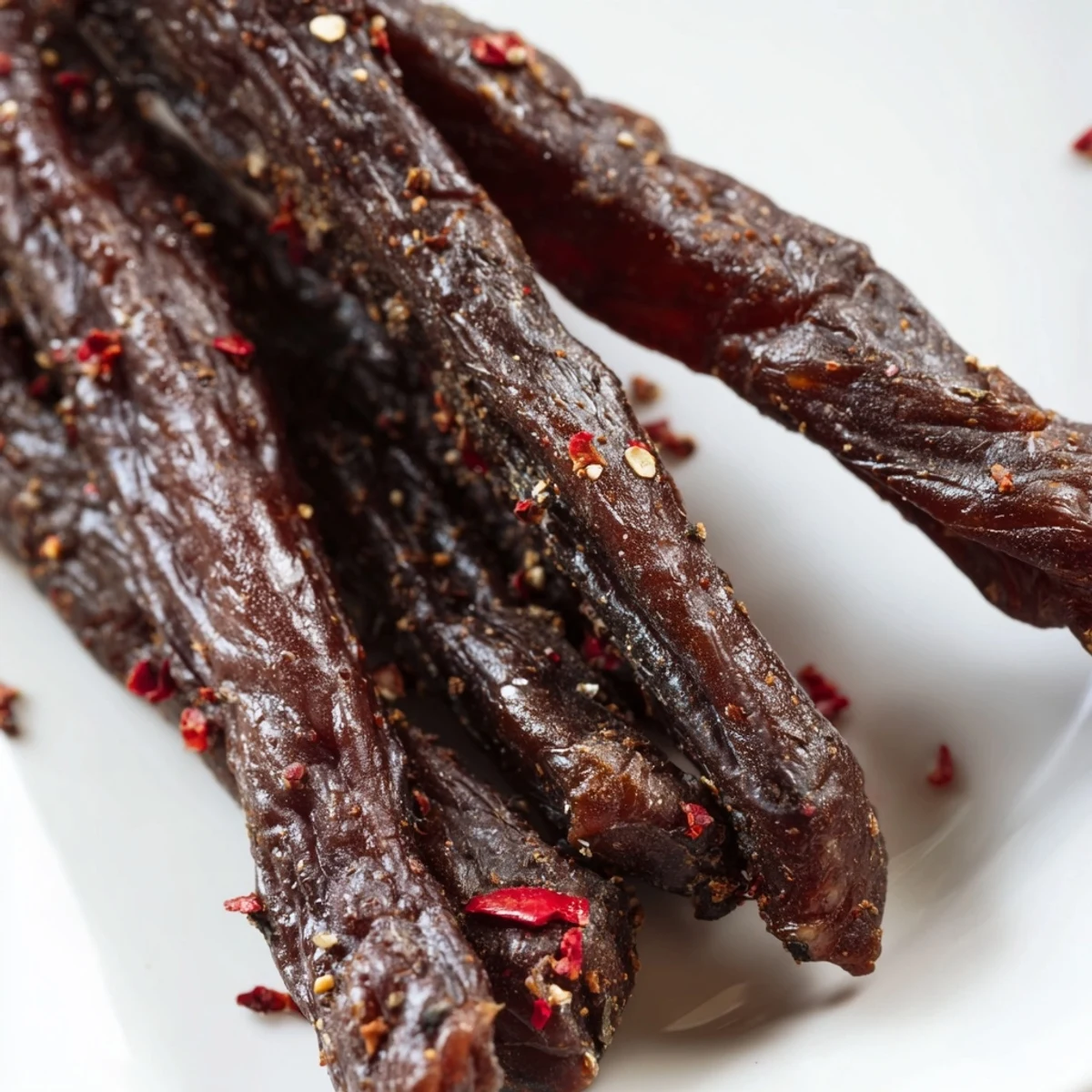 Tantalizing picture of dried, smoky beef snack stick jerky, perfect for a high-protein, on-the-go snack.