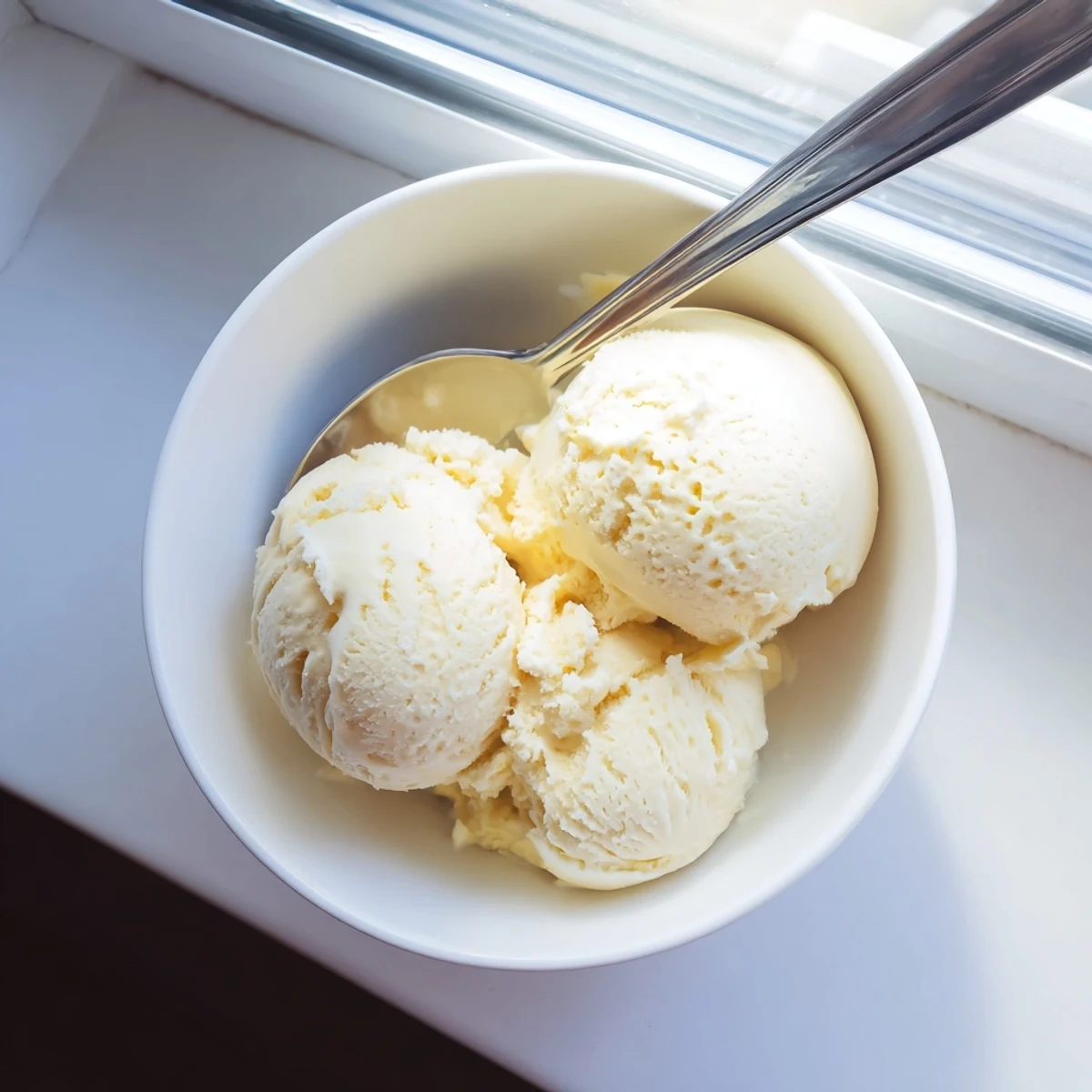 Creamy Treat Ice Cream is shown scooped into a waffle cone with visible vanilla bean specks and a soft, velvety texture.